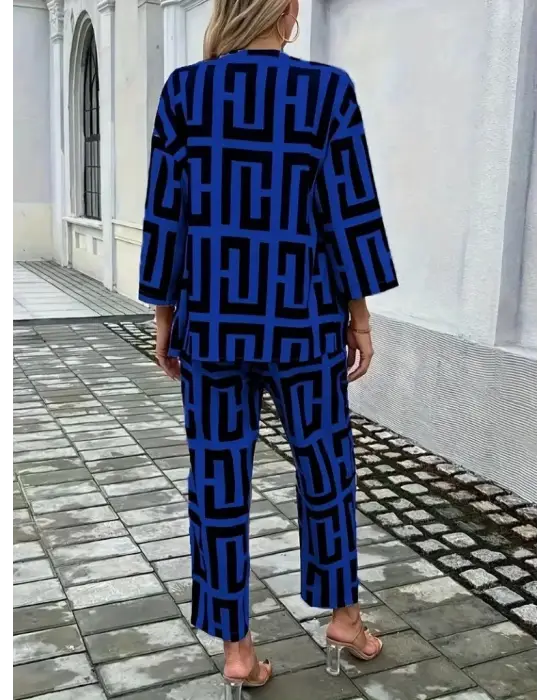 Kadın Uzun Kollu önü Açık Desenli Iki Iplik Ceket Ve Pantolon Ikili Takım