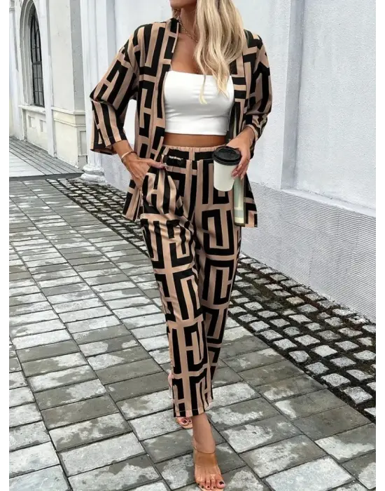 Kadın Uzun Kollu önü Açık Desenli Iki Iplik Ceket Ve Pantolon Ikili Takım