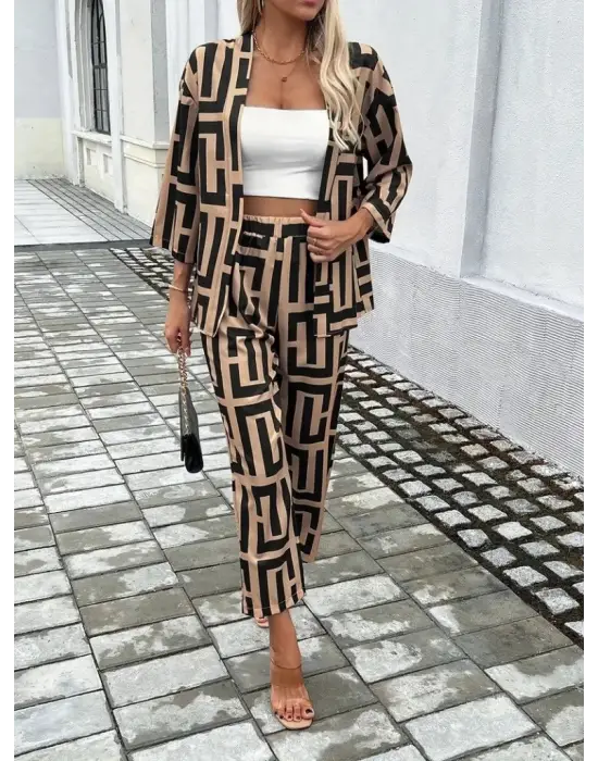 Kadın Uzun Kollu önü Açık Desenli Iki Iplik Ceket Ve Pantolon Ikili Takım