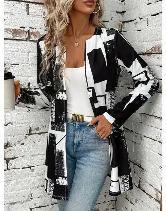 Kadın Uzun Kollu önü Açık Desenli Modal Kısa Ceket