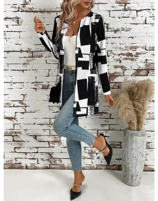 Kadın Uzun Kollu önü Açık Desenli Modal Kısa Ceket