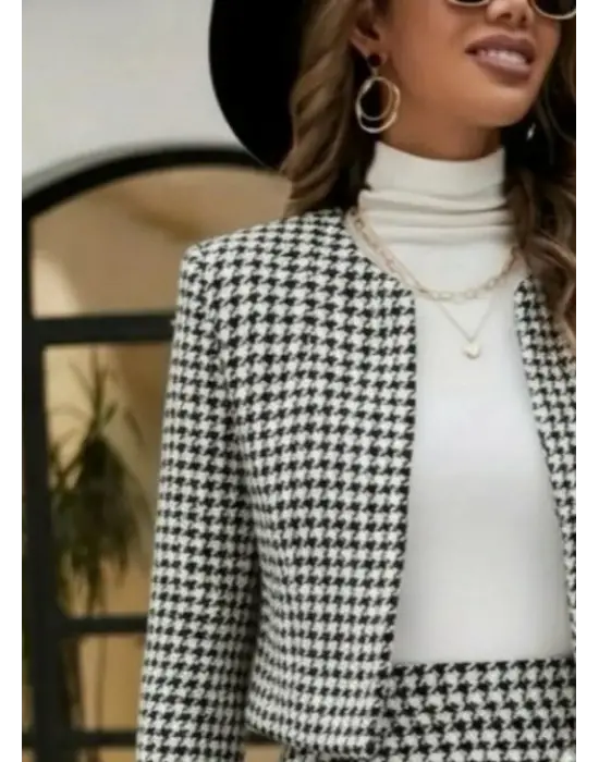 Kadın Uzun Kollu önü Açık Dokuma Ceket Ve Mini Etek Ikili Takım