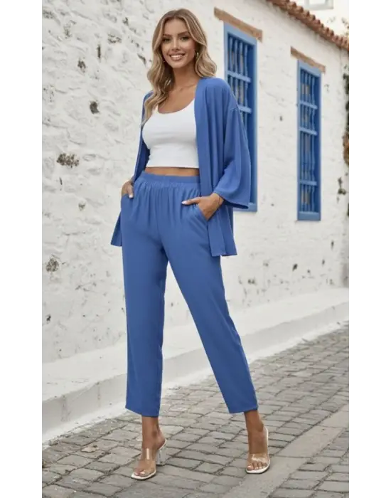 Kadın Uzun Kollu önü Açık Dokuma Ceket Ve Pantolon Ikili Takım