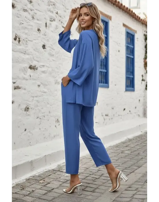 Kadın Uzun Kollu önü Açık Dokuma Ceket Ve Pantolon Ikili Takım