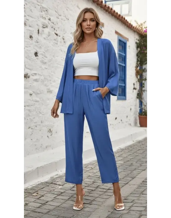 Kadın Uzun Kollu önü Açık Dokuma Ceket Ve Pantolon Ikili Takım