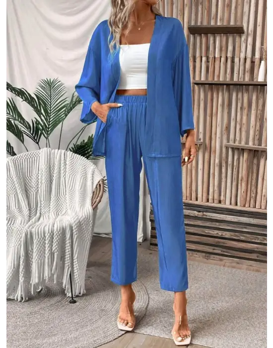Kadın Uzun Kollu önü Açık Dokuma Ceket Ve Pantolon Ikili Takım