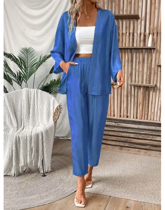 Kadın Uzun Kollu önü Açık Dokuma Ceket Ve Pantolon Ikili Takım