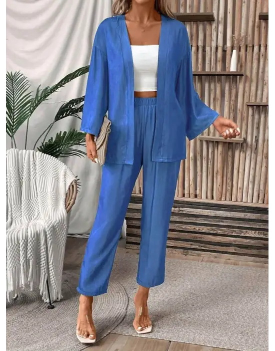 Kadın Uzun Kollu önü Açık Dokuma Ceket Ve Pantolon Ikili Takım