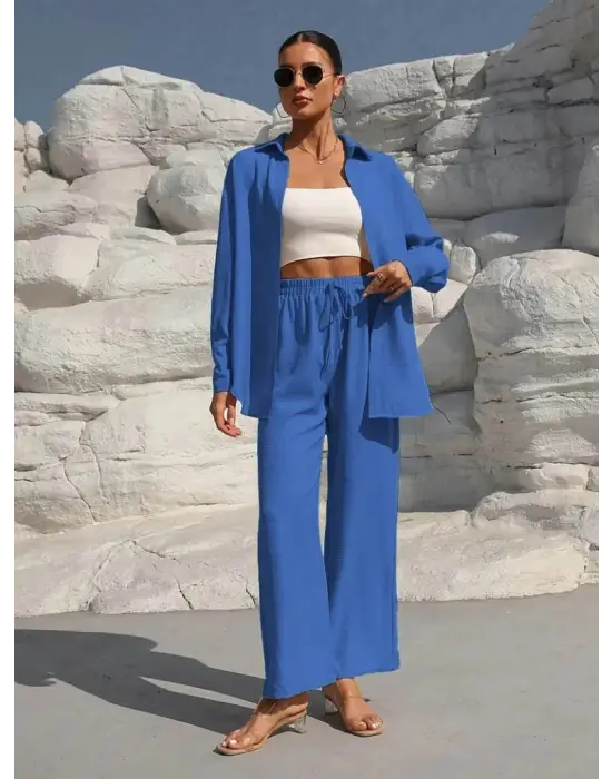 Kadın Uzun Kollu önü Açık Dokuma Ceket Ve Pantolon Ikili Takım