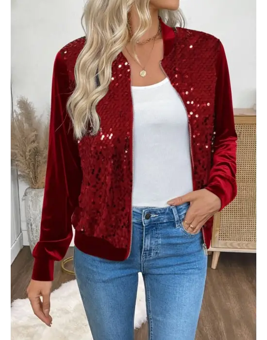 Kadın Uzun Kollu önü Açık Fermuarlı Pulpayetli Kadife Ceket