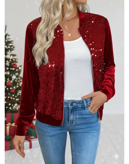 Kadın Uzun Kollu önü Açık Fermuarlı Pulpayetli Kadife Ceket
