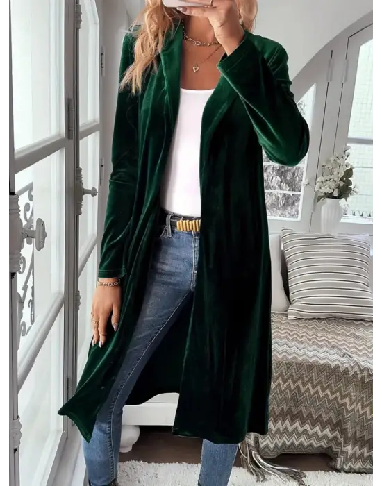 Kadın Uzun Kollu önü Açık Kolları Uzun Midi Ceket