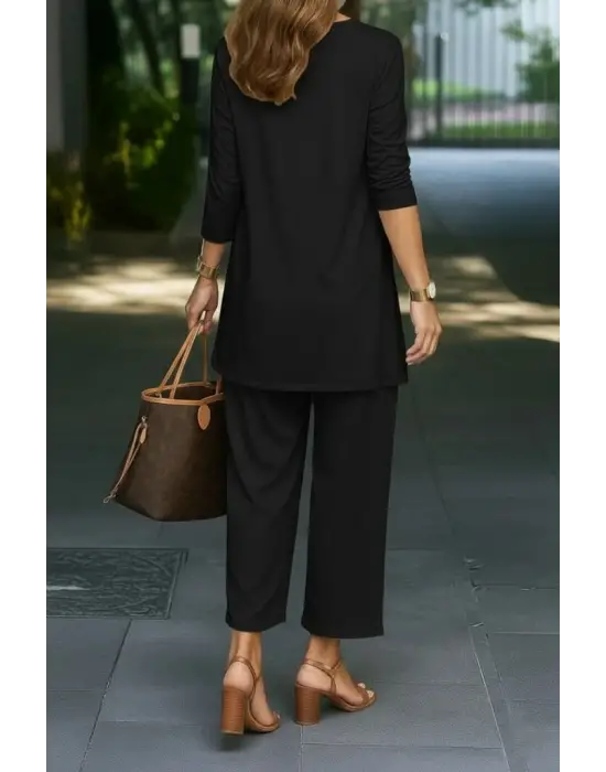 Kadın Uzun Kollu önü Açık Modal Ceket Kolsuz Viskon Iki Iplik Bluz Ve Pantolon üçlü Takım