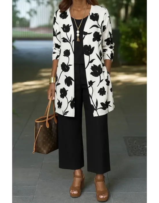 Kadın Uzun Kollu önü Açık Modal Ceket Kolsuz Viskon Iki Iplik Bluz Ve Pantolon üçlü Takım