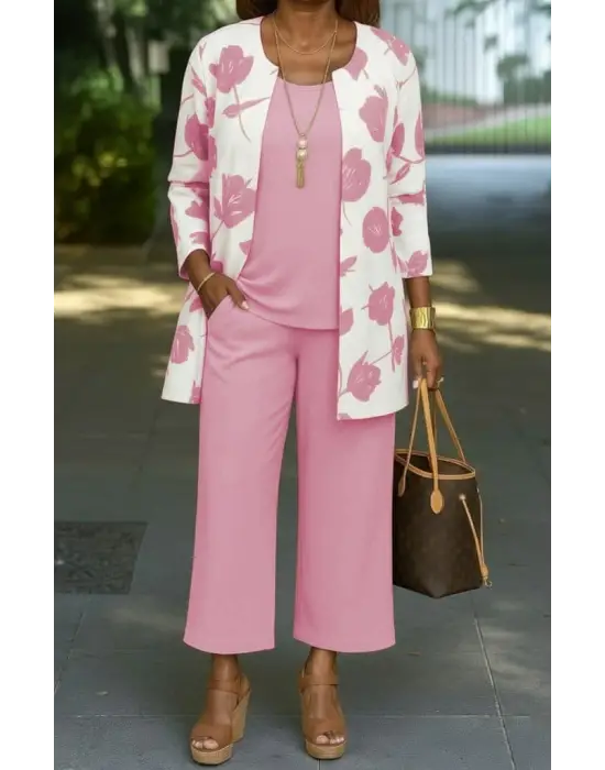 Kadın Uzun Kollu önü Açık Modal Ceket Kolsuz Viskon Iki Iplik Bluz Ve Pantolon üçlü Takım