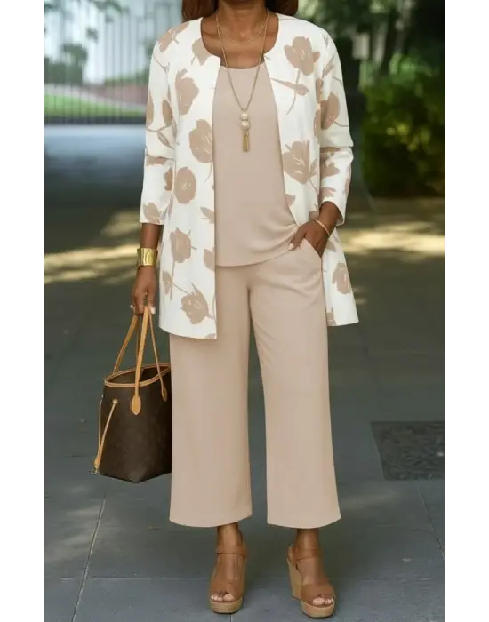 Kadın Uzun Kollu önü Açık Modal Ceket Kolsuz Viskon Iki Iplik Bluz Ve Pantolon üçlü Takım