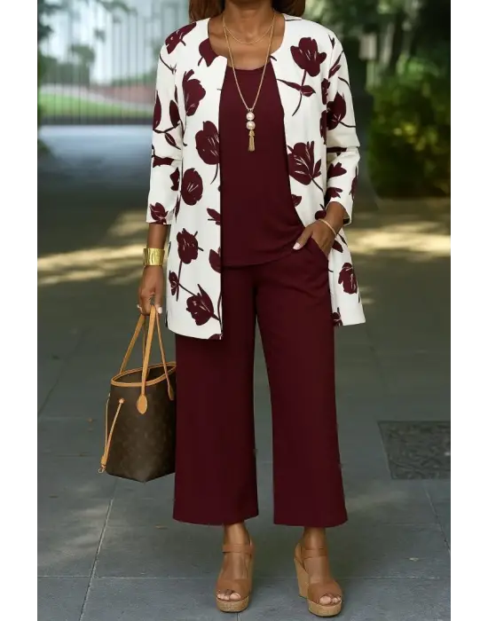 Kadın Uzun Kollu önü Açık Modal Ceket Kolsuz Viskon Iki Iplik Bluz Ve Pantolon üçlü Takım