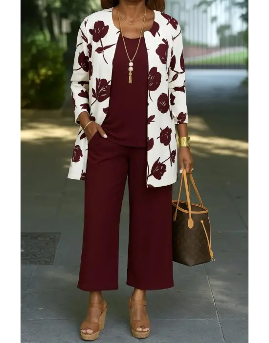 Kadın Uzun Kollu önü Açık Modal Ceket Kolsuz Viskon Iki Iplik Bluz Ve Pantolon üçlü Takım