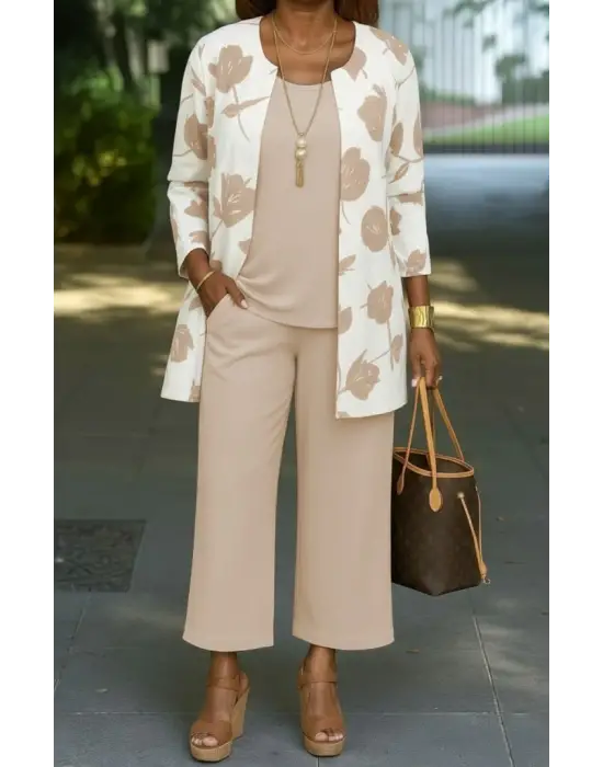 Kadın Uzun Kollu önü Açık Modal Ceket Kolsuz Viskon Iki Iplik Bluz Ve Pantolon üçlü Takım