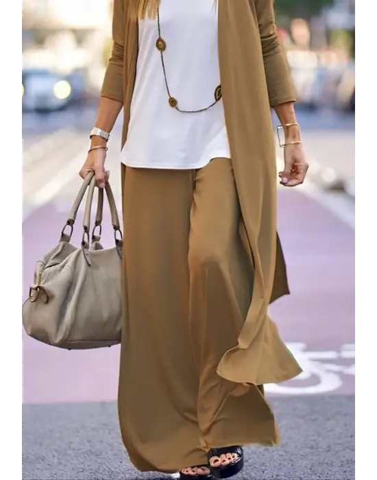 Kadın Uzun Kollu önü Açık Viskon Ceket Ve Pantolon Ikili Takım