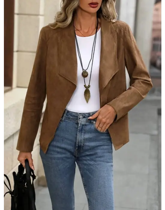 Kadın Uzun Kollu önü Açık Yakalı Süet Ceket