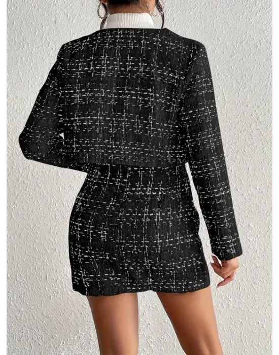 Kadın Uzun Kollu önü Düğmeli şanel Ceket Ve Etek Takım