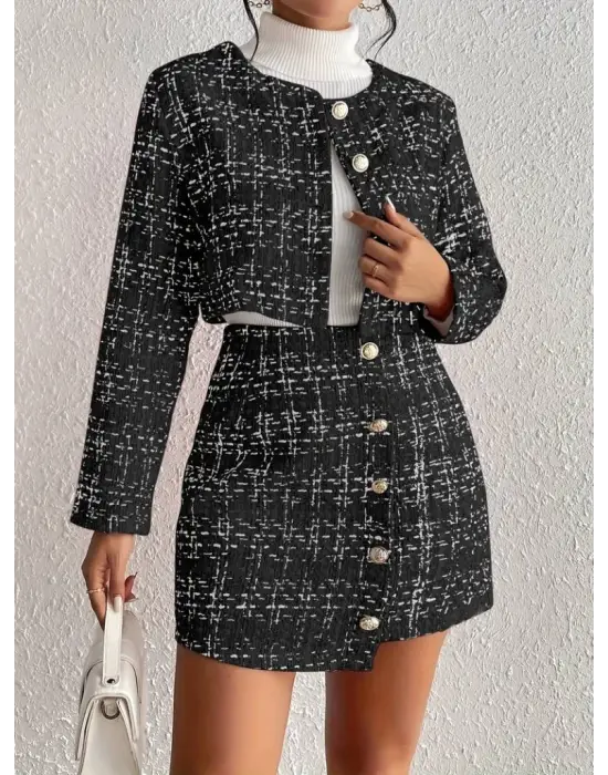 Kadın Uzun Kollu önü Düğmeli şanel Ceket Ve Etek Takım