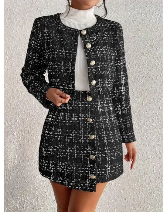 Kadın Uzun Kollu önü Düğmeli şanel Ceket Ve Etek Takım