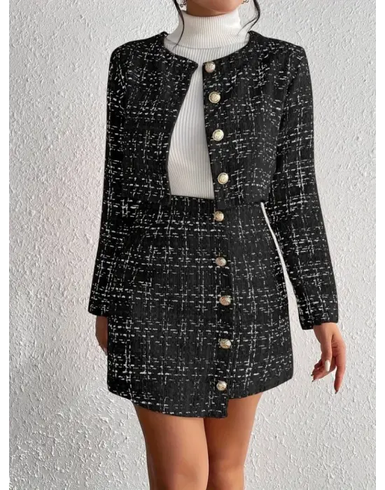 Kadın Uzun Kollu önü Düğmeli şanel Ceket Ve Etek Takım