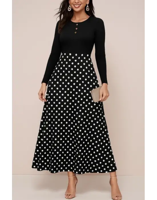 Kadın Uzun Kollu önü Düğmeli Viskon Bluz Eteği örme Maxi Krep Elbise