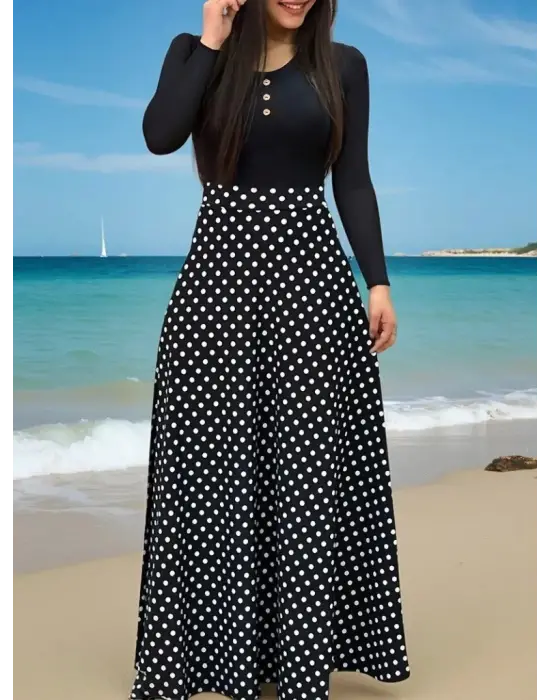 Kadın Uzun Kollu önü Düğmeli Viskon Bluz Eteği örme Maxi Krep Elbise