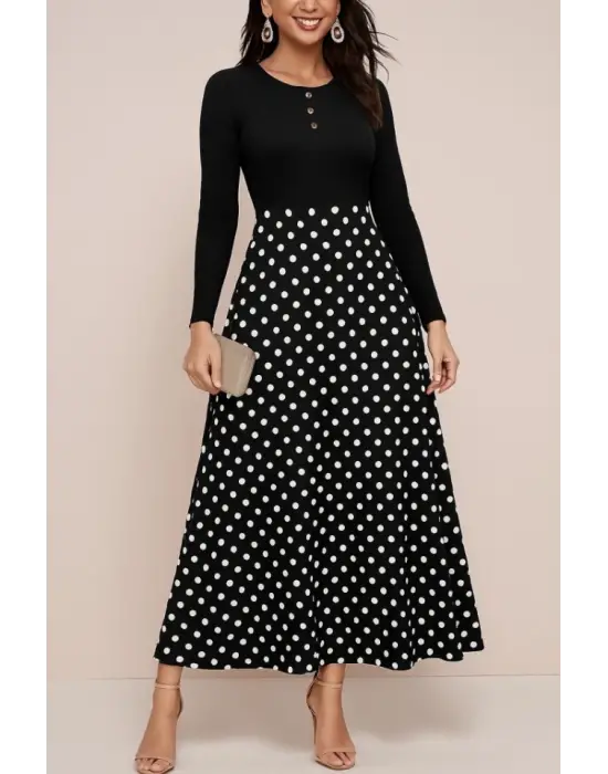 Kadın Uzun Kollu önü Düğmeli Viskon Bluz Eteği örme Maxi Krep Elbise