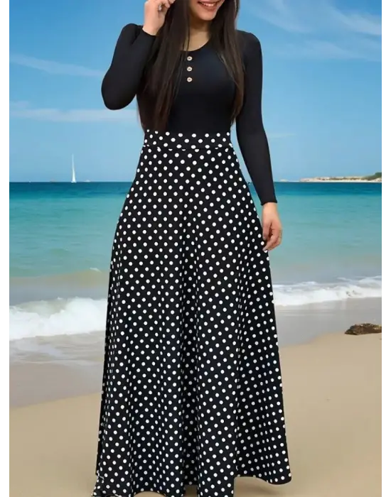 Kadın Uzun Kollu önü Düğmeli Viskon Bluz Eteği örme Maxi Krep Elbise