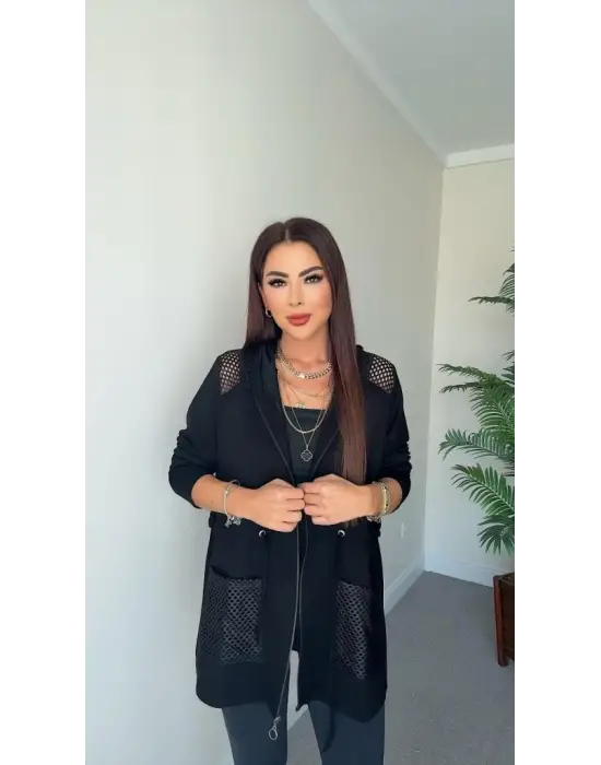 Kadın Uzun Kollu önü Fermuarlı File Detaylı Belden Bağcıklı Kısa Modal Ceket