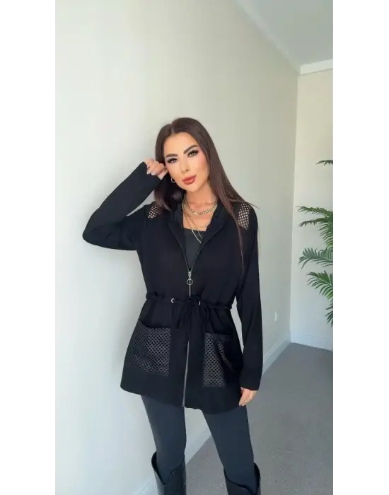 Kadın Uzun Kollu önü Fermuarlı File Detaylı Belden Bağcıklı Kısa Modal Ceket