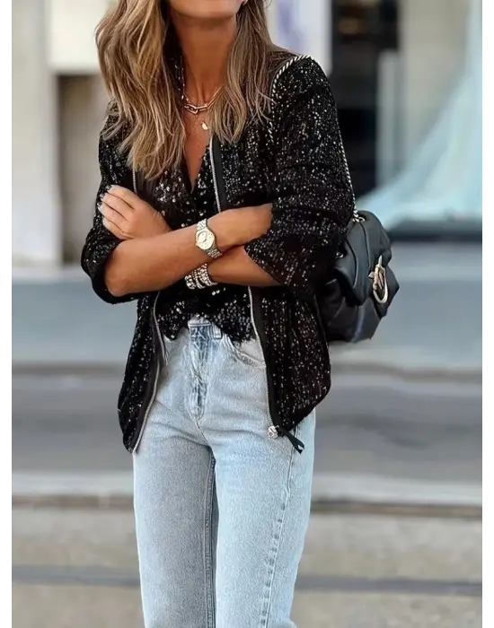 Kadın Uzun Kollu önü Fermuarlı Kısa Pulpayet Ceket