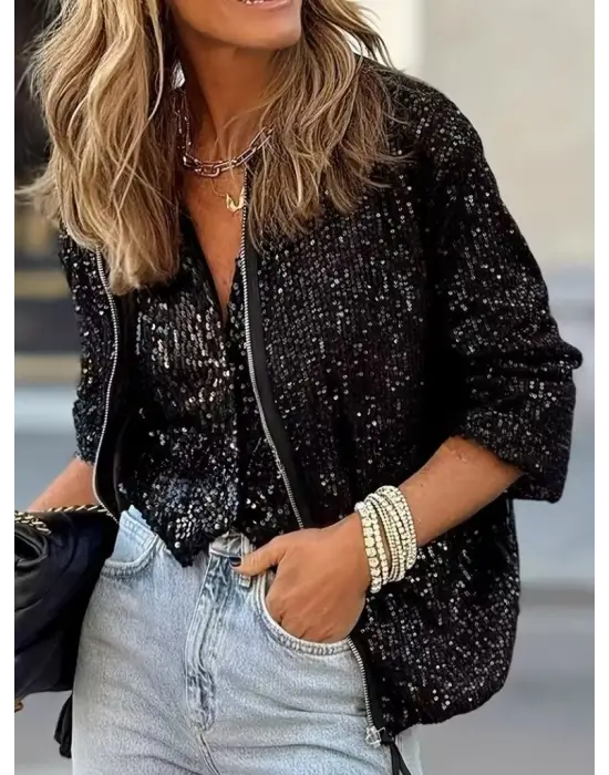 Kadın Uzun Kollu önü Fermuarlı Kısa Pulpayet Ceket