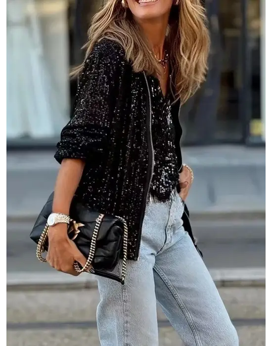 Kadın Uzun Kollu önü Fermuarlı Kısa Pulpayet Ceket