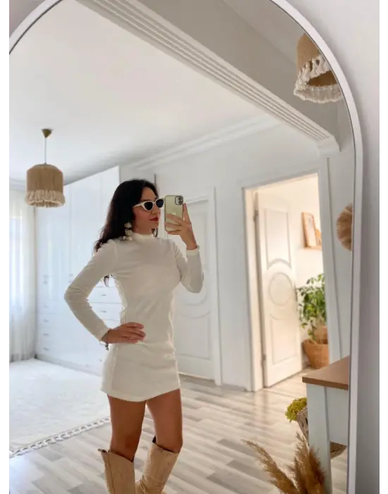 Kadın Uzun Kollu Peluş Mini Boy Elbise