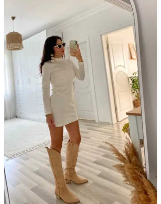 Kadın Uzun Kollu Peluş Mini Boy Elbise