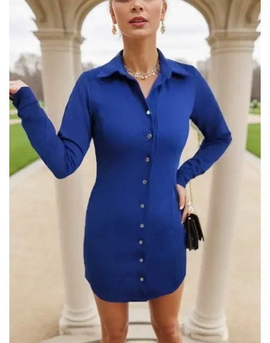 Omarı Zarif Kadın Mini Boy Elbise - Krep, Polo Yaka, Çıtçıtlı Düğme Detaylı