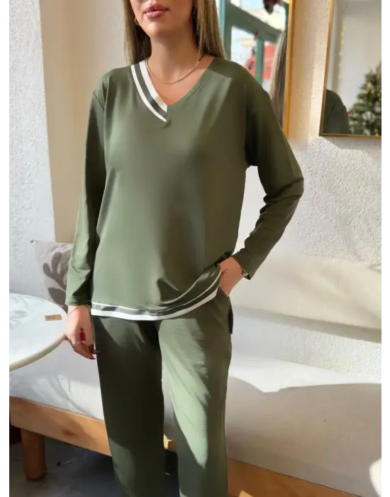 Kadın Uzun Kollu Ribana Detay Viskon Iki Iplik Ikili Takım