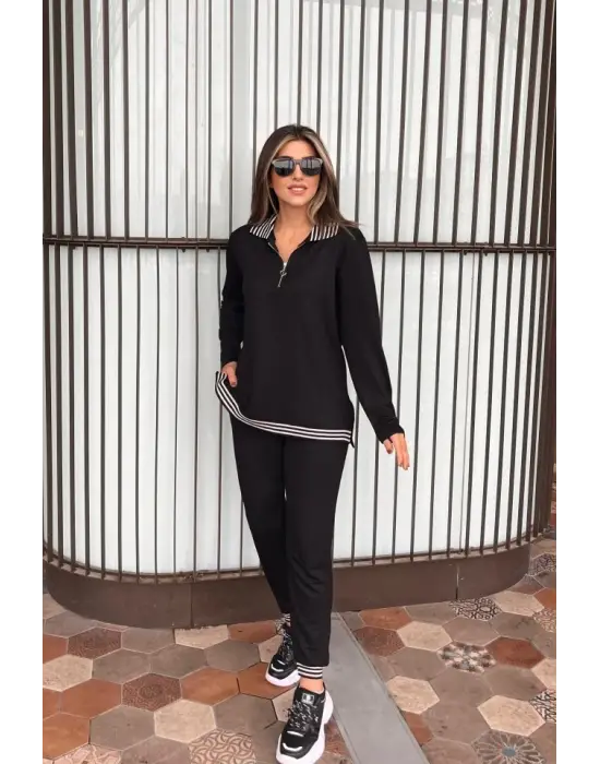 Kadın Uzun Kollu Ribana Ve Fermuar Detay Bluz Ve Yüksel Bel Pantolon 2li Takım