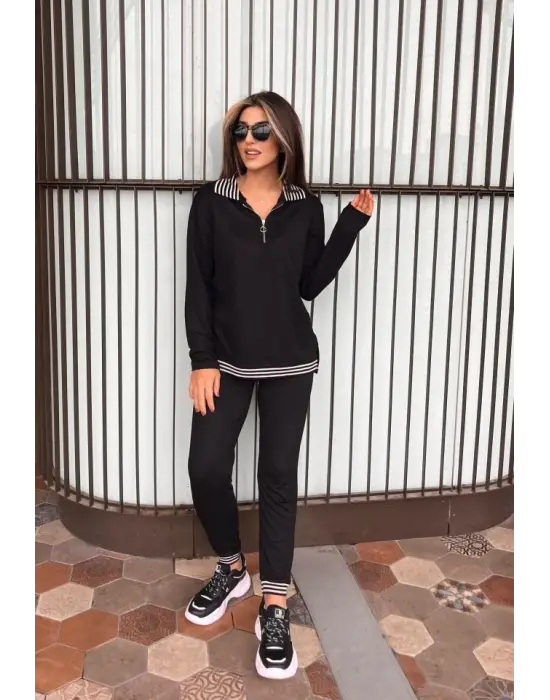 Kadın Uzun Kollu Ribana Ve Fermuar Detay Bluz Ve Yüksel Bel Pantolon 2li Takım