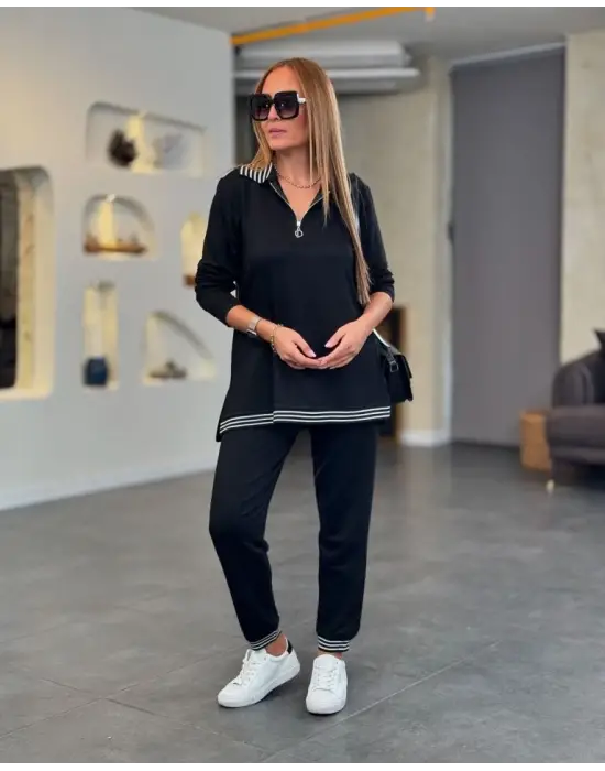 Kadın Uzun Kollu Ribana Ve Fermuar Detay Bluz Ve Yüksel Bel Pantolon 2li Takım