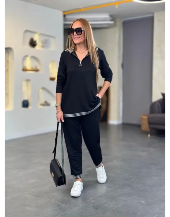 Kadın Uzun Kollu Ribana Ve Fermuar Detay Bluz Ve Yüksel Bel Pantolon 2li Takım