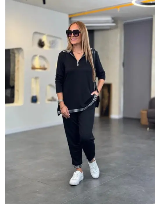 Kadın Uzun Kollu Ribana Ve Fermuar Detay Bluz Ve Yüksel Bel Pantolon 2li Takım