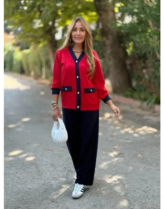 Kadın Uzun Kollu Ribanali Cep Detay Hırka Ve Bol Paça Pantolon Ikili Takım