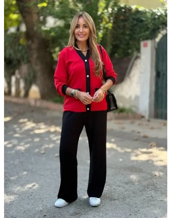 Kadın Uzun Kollu Ribanali Cep Detay Hırka Ve Bol Paça Pantolon Ikili Takım