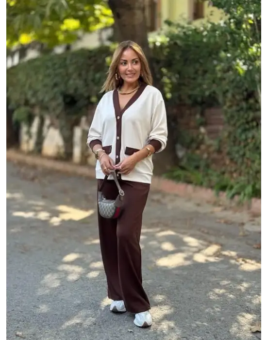 Kadın Uzun Kollu Ribanali Cep Detay Hırka Ve Bol Paça Pantolon Ikili Takım